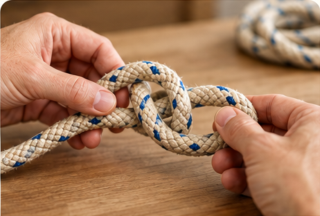 Close view of hands exploring a knot