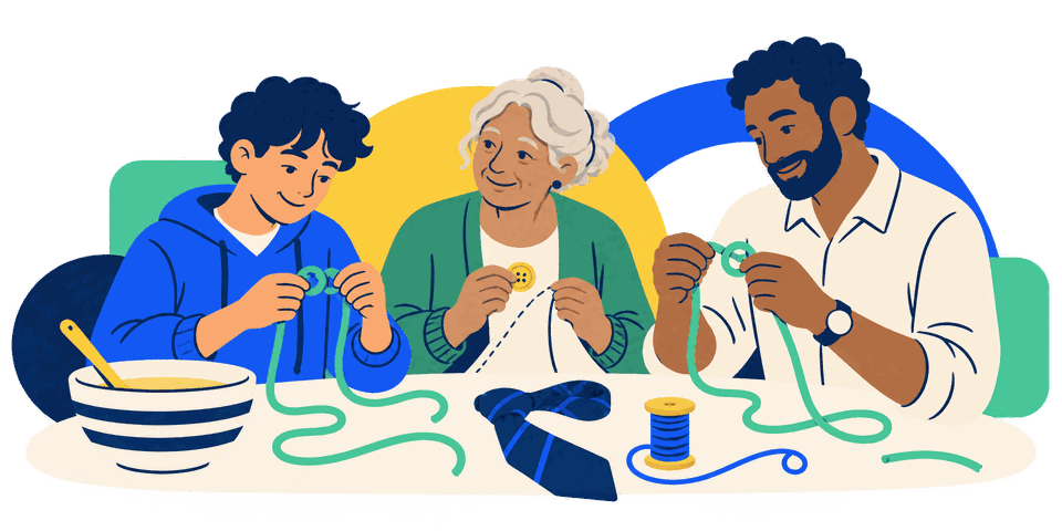 Illustration of a teenager and adults exploring cord and mending materials together